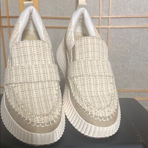 Beige Tweed Slip-On Loafers